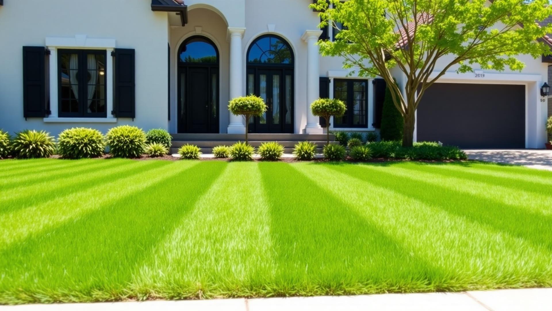 Freshly mowed green lawn with crisp stripes in front of a clean modern home